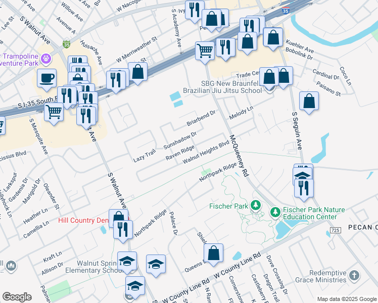 map of restaurants, bars, coffee shops, grocery stores, and more near 445 Raven Ridge in New Braunfels