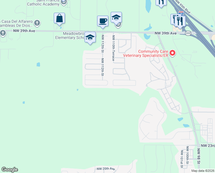 map of restaurants, bars, coffee shops, grocery stores, and more near 11123 Northwest 31st Lane in Gainesville
