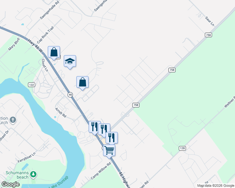 map of restaurants, bars, coffee shops, grocery stores, and more near 1437 Farm to Market Road 758 in New Braunfels