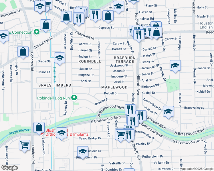 map of restaurants, bars, coffee shops, grocery stores, and more near 5934 Birdwood Road in Houston