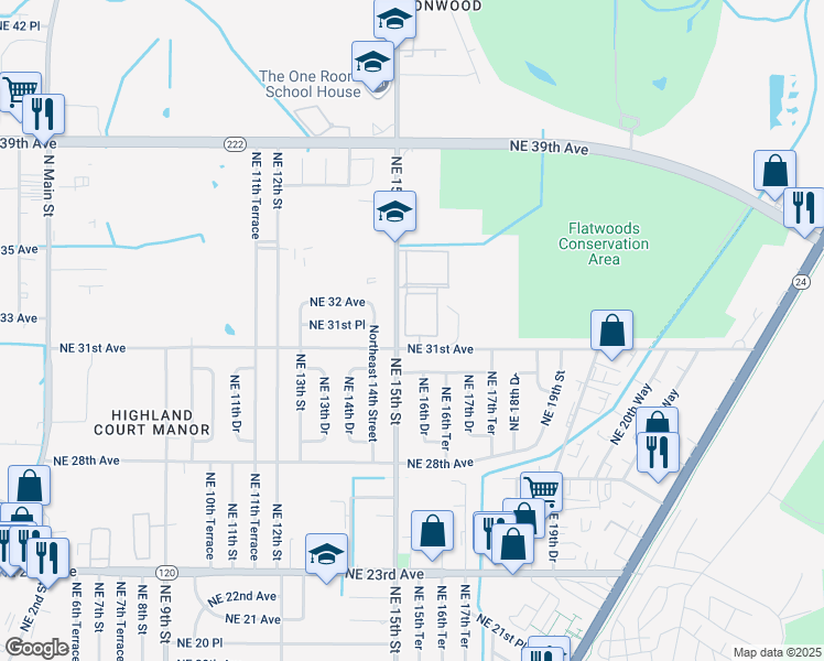 map of restaurants, bars, coffee shops, grocery stores, and more near 3101 Northeast 15th Street in Gainesville
