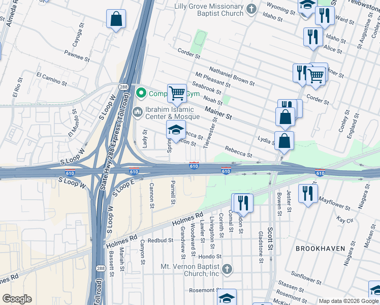 map of restaurants, bars, coffee shops, grocery stores, and more near 7812 Tierwester Street in Houston