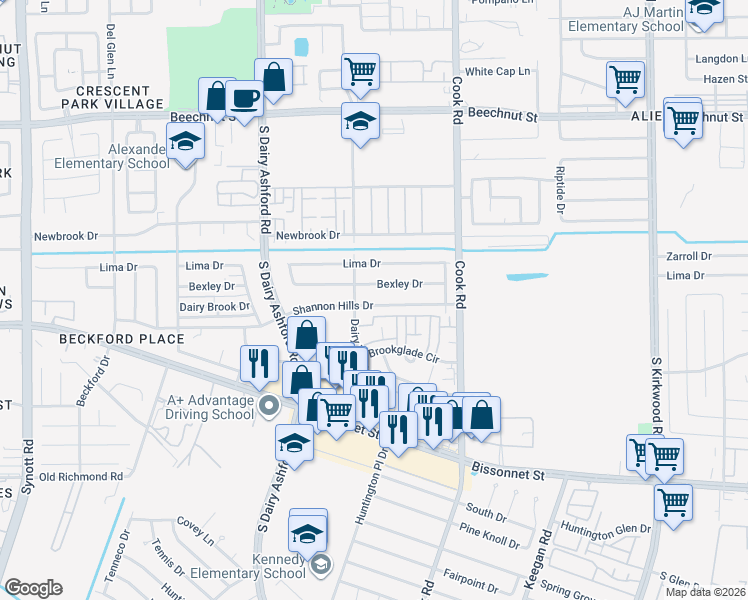 map of restaurants, bars, coffee shops, grocery stores, and more near 12422 Shannon Hills Drive in Houston