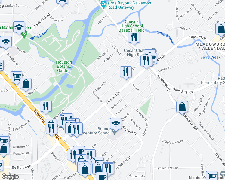 map of restaurants, bars, coffee shops, grocery stores, and more near 8254 Wier Drive in Houston