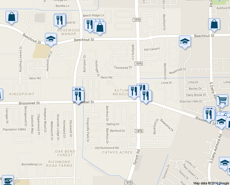 map of restaurants, bars, coffee shops, grocery stores, and more near 8914 Shady Green Meadows in Houston