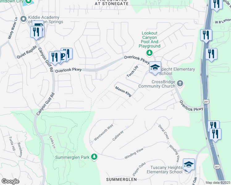 map of restaurants, bars, coffee shops, grocery stores, and more near 1527 Lilac Mist in San Antonio