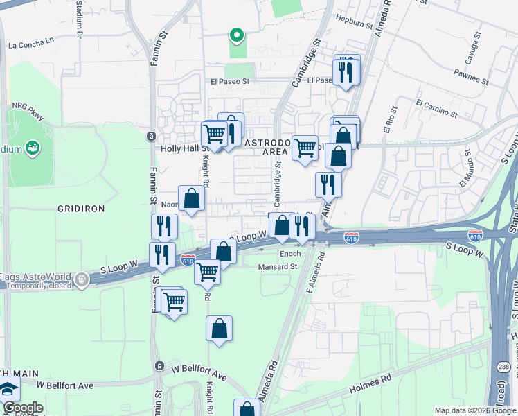 map of restaurants, bars, coffee shops, grocery stores, and more near 2216 Naomi Street in Houston
