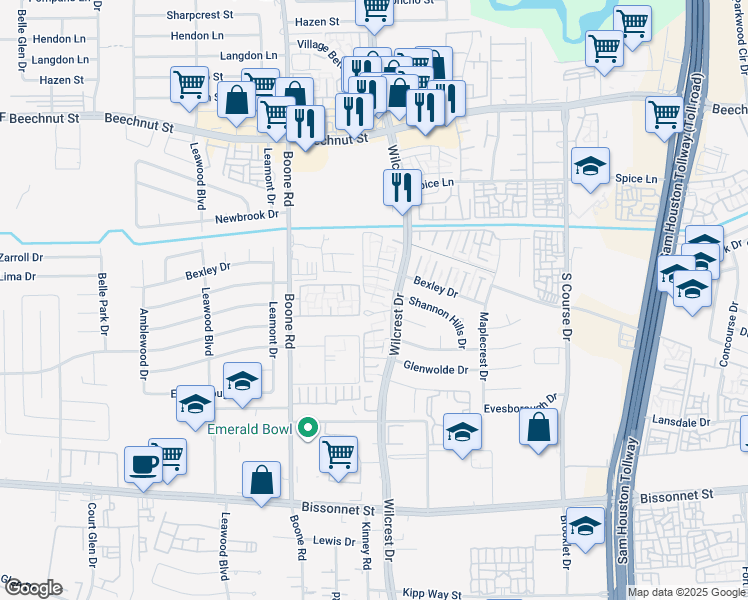 map of restaurants, bars, coffee shops, grocery stores, and more near 8816 Wilcrest Drive in Houston