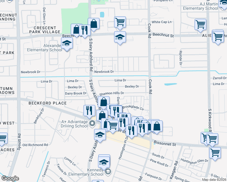 map of restaurants, bars, coffee shops, grocery stores, and more near 12510 Shannon Hills Drive in Houston