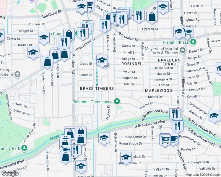 map of restaurants, bars, coffee shops, grocery stores, and more near 8835 Mcavoy Drive in Houston