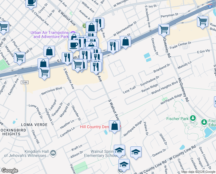 map of restaurants, bars, coffee shops, grocery stores, and more near 1147 South Walnut Avenue in New Braunfels