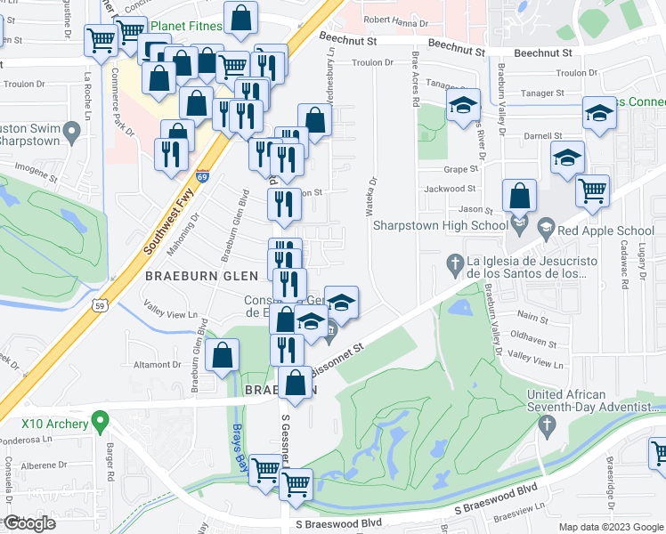 map of restaurants, bars, coffee shops, grocery stores, and more near 8349 Nairn Street in Houston