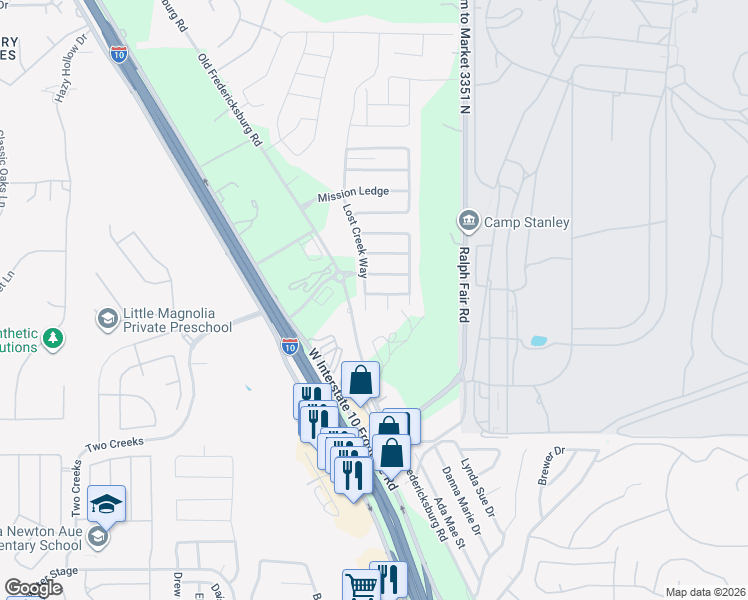 map of restaurants, bars, coffee shops, grocery stores, and more near 7642 Presidio Creek in Boerne