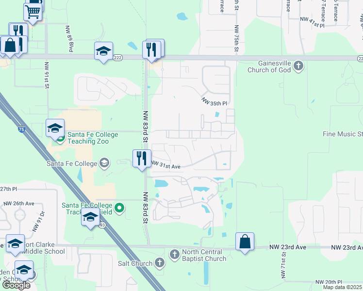 map of restaurants, bars, coffee shops, grocery stores, and more near Northwest 79th Court in Alachua County