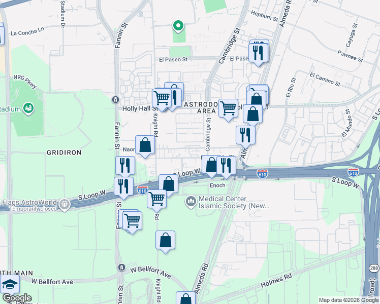 map of restaurants, bars, coffee shops, grocery stores, and more near 2216 Naomi Street in Houston