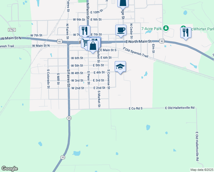 map of restaurants, bars, coffee shops, grocery stores, and more near 620 South Converse Street in Flatonia