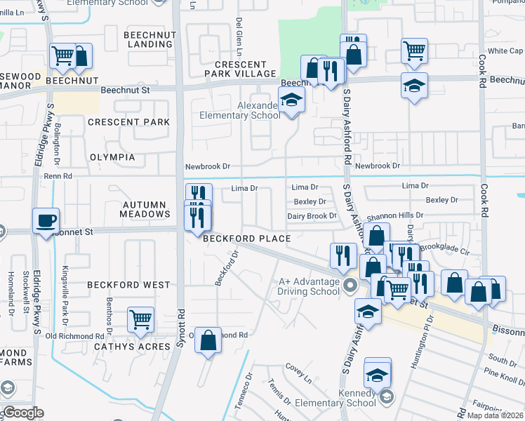 map of restaurants, bars, coffee shops, grocery stores, and more near 8815 Brummel Drive in Houston
