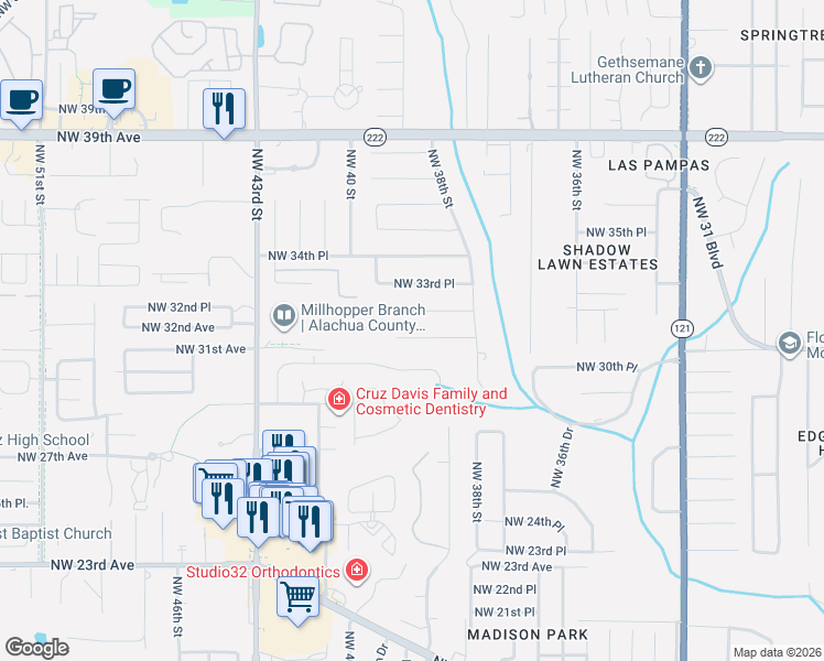 map of restaurants, bars, coffee shops, grocery stores, and more near 3906 Northwest 31 Place in Gainesville