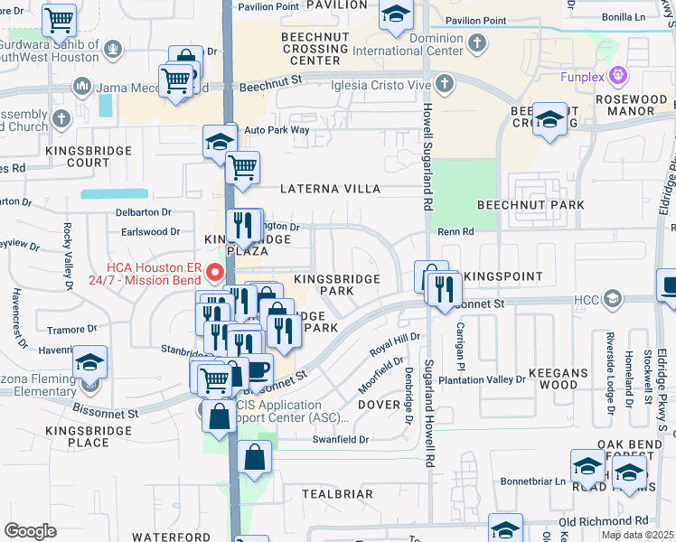 map of restaurants, bars, coffee shops, grocery stores, and more near 8907 Emerald Heights Lane in Houston