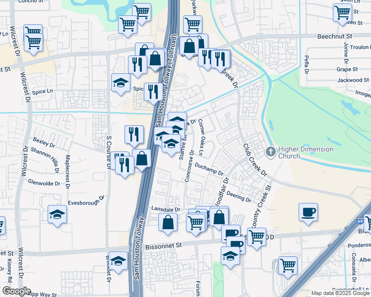map of restaurants, bars, coffee shops, grocery stores, and more near 9355 Starfire Lane in Houston