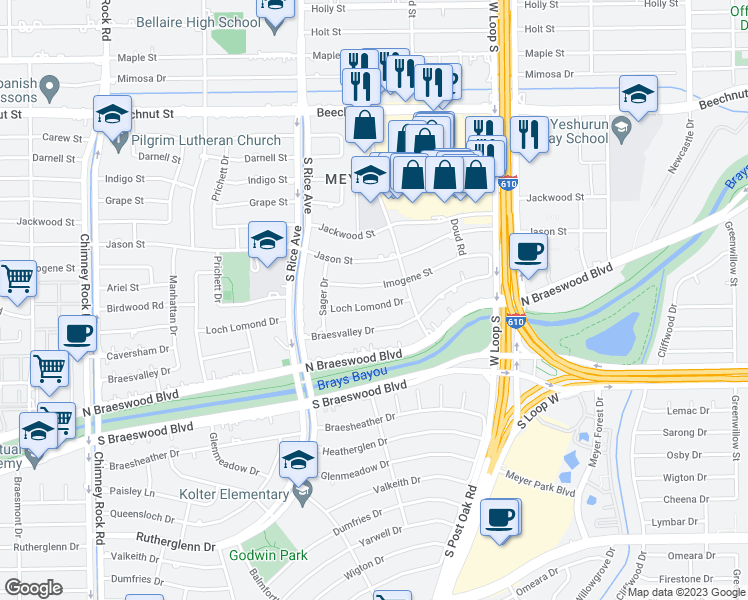 map of restaurants, bars, coffee shops, grocery stores, and more near 4922 Loch Lomond Drive in Houston