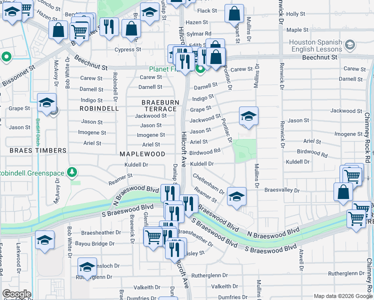 map of restaurants, bars, coffee shops, grocery stores, and more near in Houston