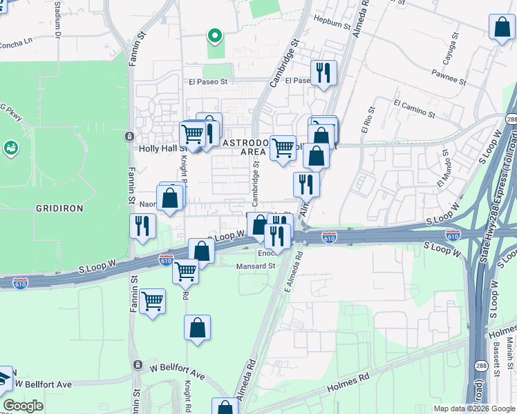 map of restaurants, bars, coffee shops, grocery stores, and more near 8509 Cambridge Street in Houston