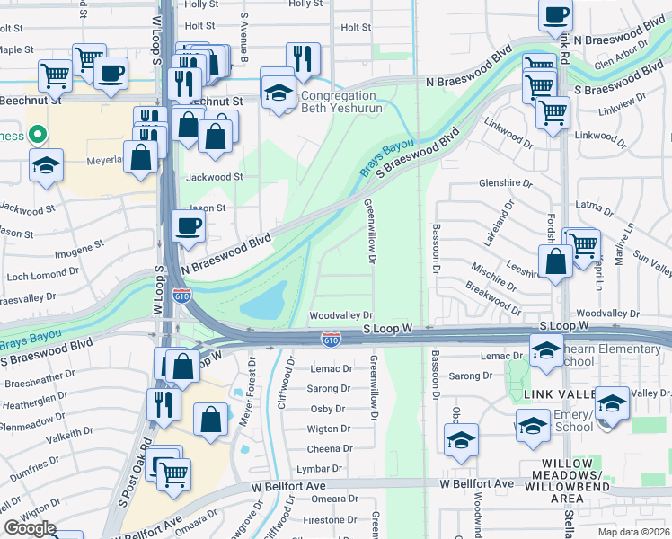 map of restaurants, bars, coffee shops, grocery stores, and more near 4410 Breakwood Drive in Houston