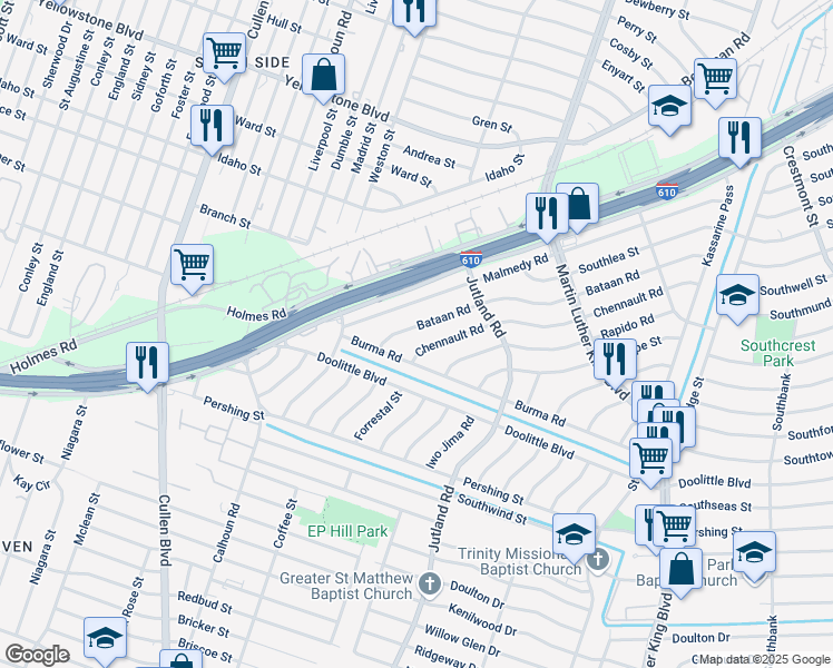map of restaurants, bars, coffee shops, grocery stores, and more near 4930 Bataan Road in Houston