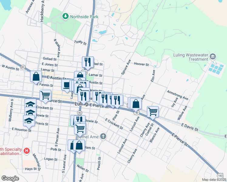 map of restaurants, bars, coffee shops, grocery stores, and more near 210 Myrtle Avenue in Luling