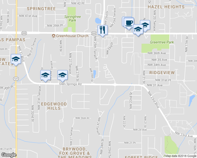 map of restaurants, bars, coffee shops, grocery stores, and more near 3201 Northwest 25th Terrace in Gainesville