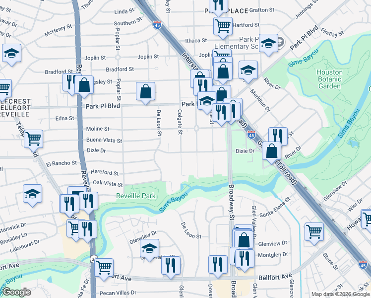 map of restaurants, bars, coffee shops, grocery stores, and more near 7909 Dixie Drive in Houston