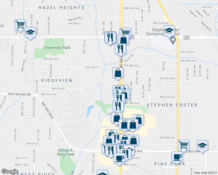 map of restaurants, bars, coffee shops, grocery stores, and more near 3202 NW 14th St in Gainesville