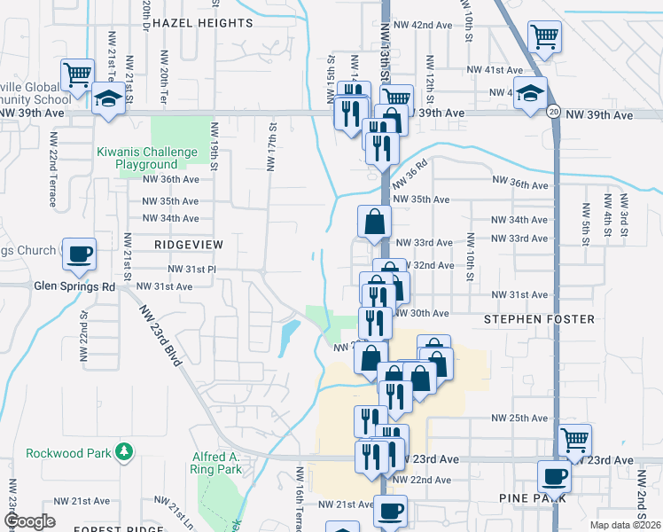 map of restaurants, bars, coffee shops, grocery stores, and more near 3202 Northwest 14th Street in Gainesville