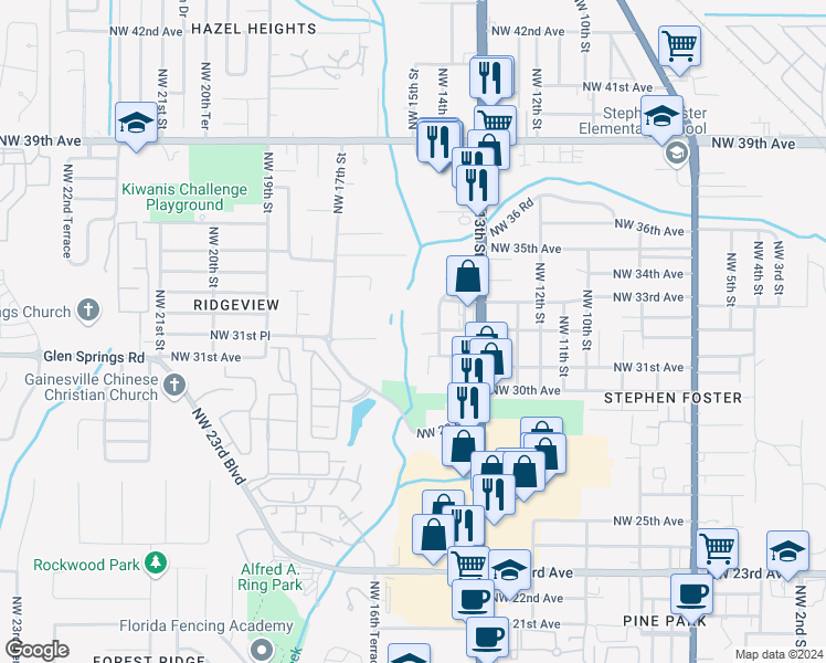 map of restaurants, bars, coffee shops, grocery stores, and more near 3202 Northwest 14th Street in Gainesville