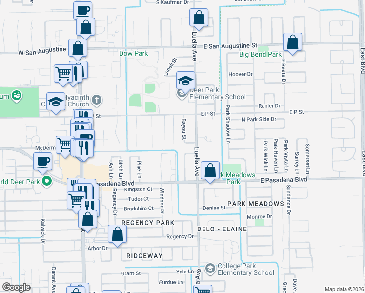 map of restaurants, bars, coffee shops, grocery stores, and more near 3213 Stacy Lane in Deer Park