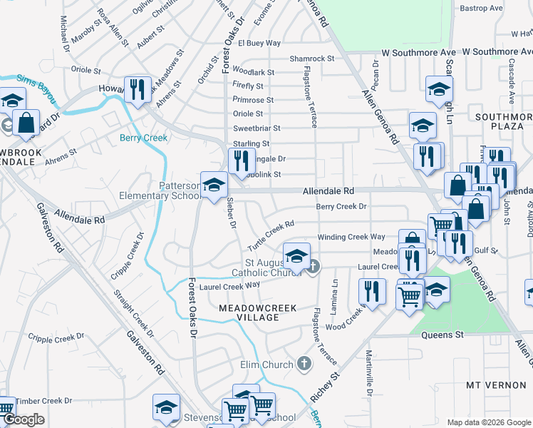 map of restaurants, bars, coffee shops, grocery stores, and more near 5454 Cherry Creek Drive in Houston