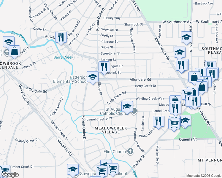map of restaurants, bars, coffee shops, grocery stores, and more near 5454 Cherry Creek Drive in Houston