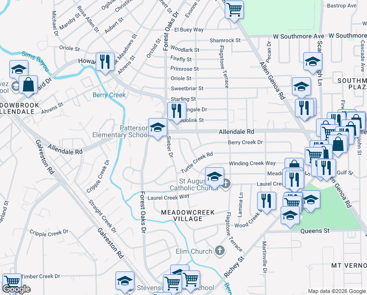 map of restaurants, bars, coffee shops, grocery stores, and more near 5454 Cherry Creek Drive in Houston