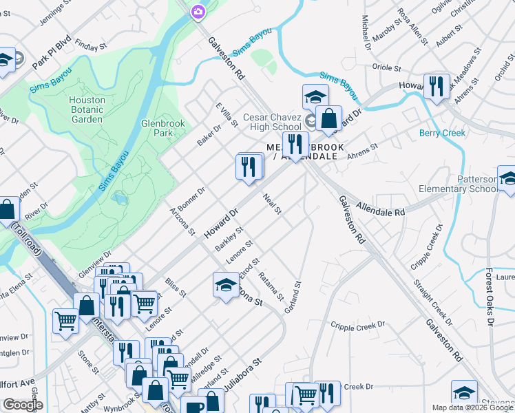 map of restaurants, bars, coffee shops, grocery stores, and more near 8346 Barkley Street in Houston