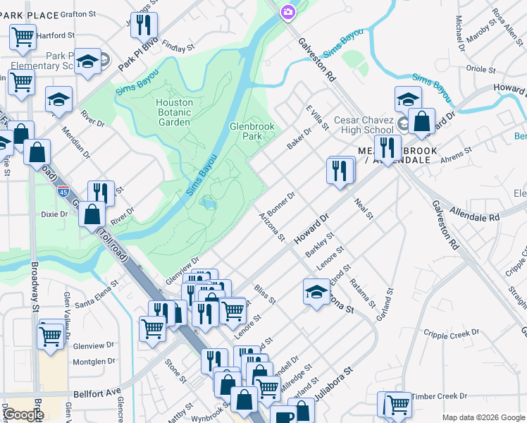 map of restaurants, bars, coffee shops, grocery stores, and more near 8203 Bonner Drive in Houston