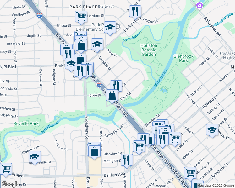 map of restaurants, bars, coffee shops, grocery stores, and more near 8117 River Drive in Houston