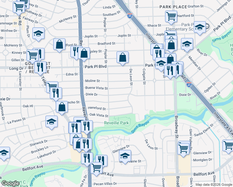map of restaurants, bars, coffee shops, grocery stores, and more near 7711 Dixie Drive in Houston