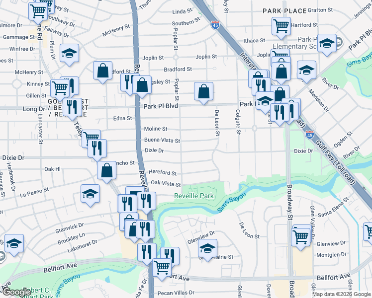 map of restaurants, bars, coffee shops, grocery stores, and more near 7711 Dixie Dr in Houston