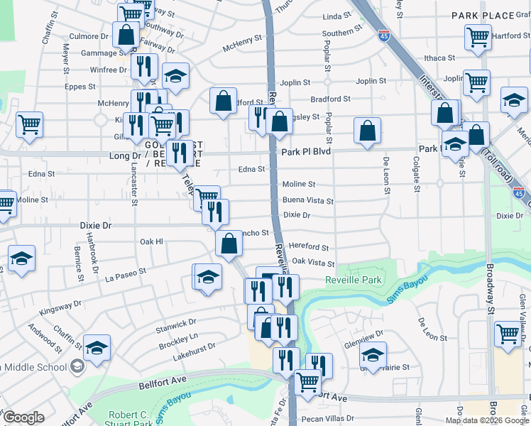 map of restaurants, bars, coffee shops, grocery stores, and more near in Houston
