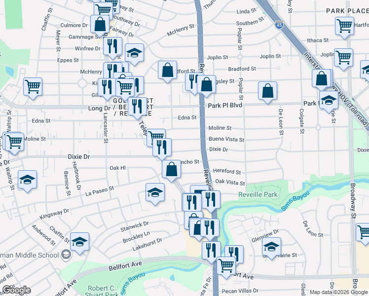 map of restaurants, bars, coffee shops, grocery stores, and more near 7515 Dixie Drive in Houston