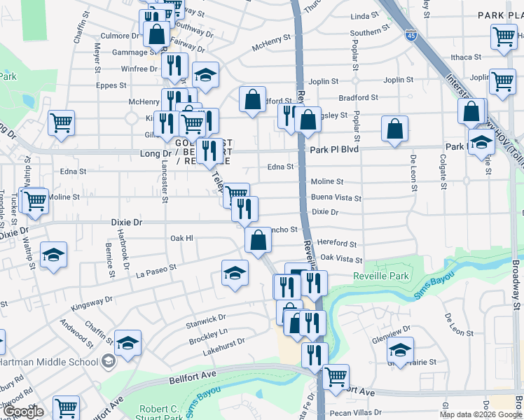 map of restaurants, bars, coffee shops, grocery stores, and more near 7411 Dixie Drive in Houston