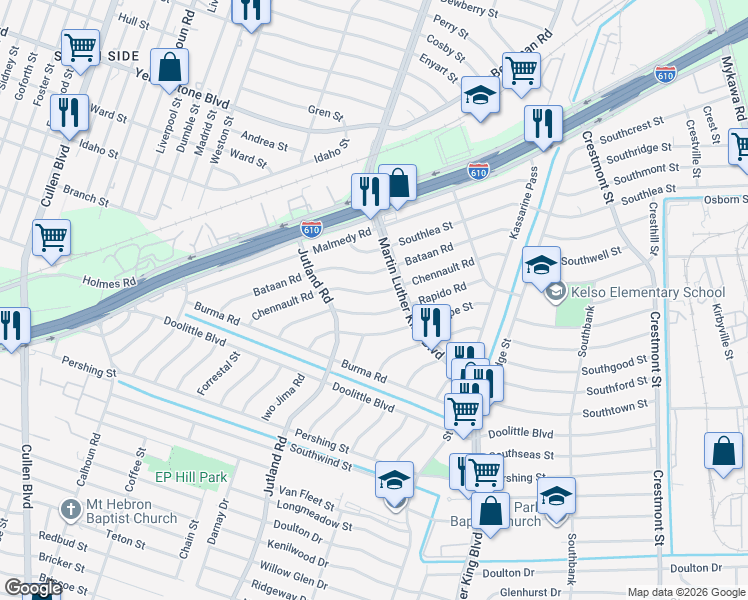 map of restaurants, bars, coffee shops, grocery stores, and more near 5134 Chennault Road in Houston