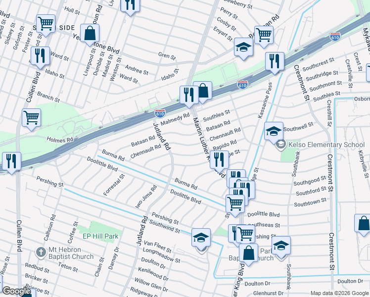 map of restaurants, bars, coffee shops, grocery stores, and more near 5134 Chennault Road in Houston