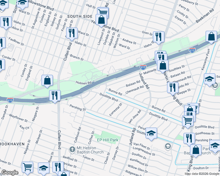 map of restaurants, bars, coffee shops, grocery stores, and more near 7209 Calais Road in Houston